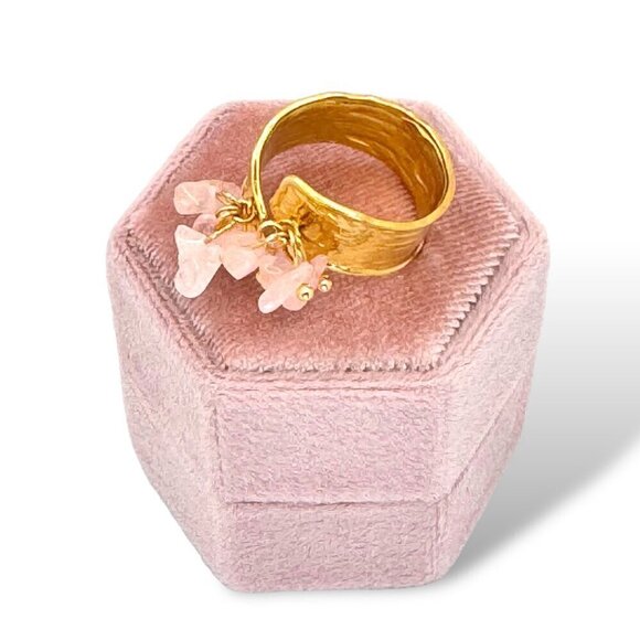 NWT Wide Band Ring 18K Gold Plated Rose Quartz Beads Open Adjustable Size - Picture 3 of 8